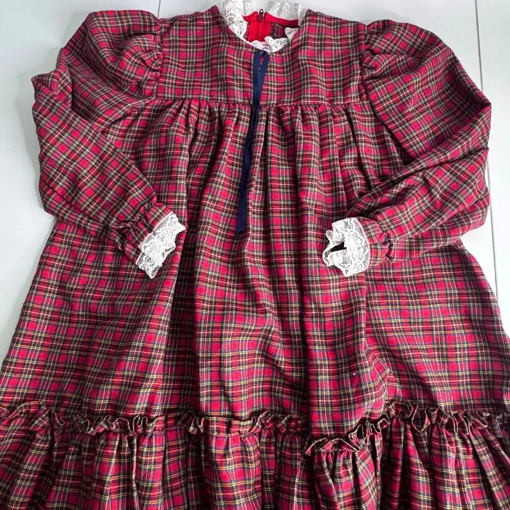 VTG Girls Prairie Dress Cottagecore Sz 5 Red Scottish Christmas Costume
